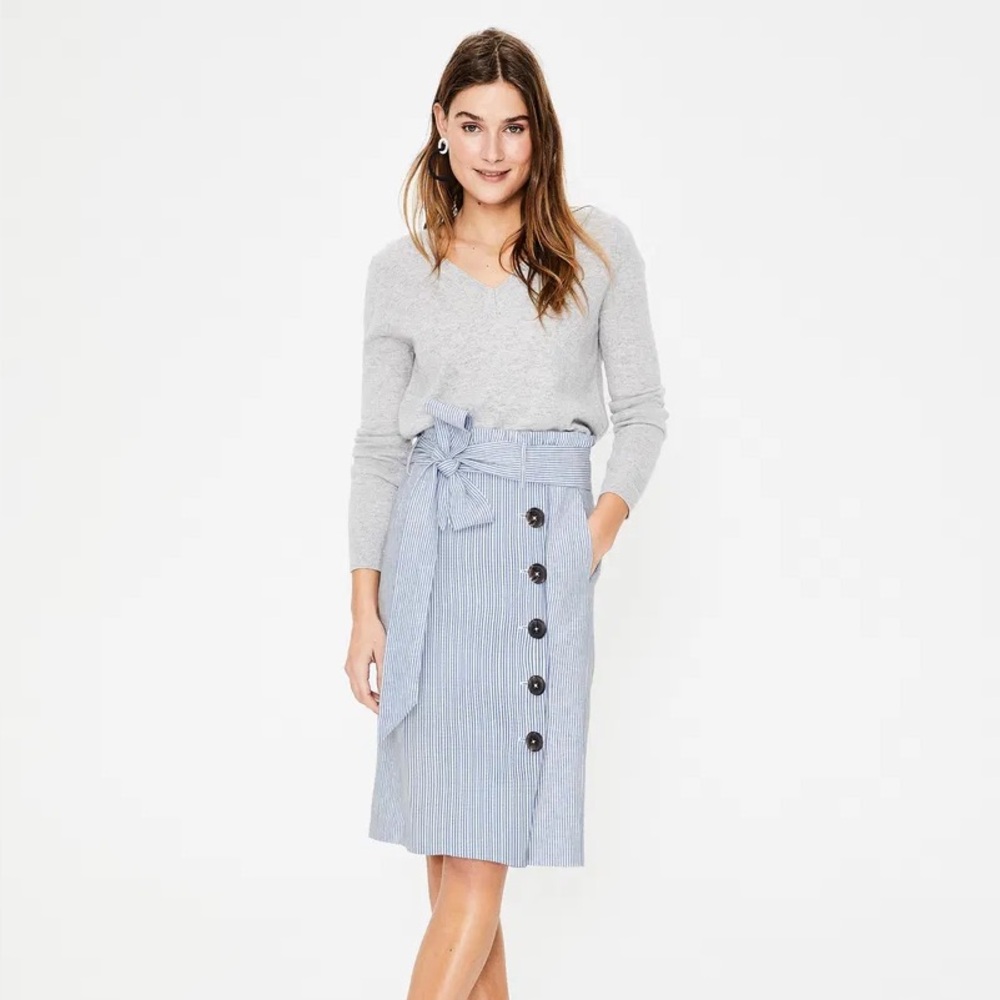 Boden Leonora Striped Tie Waist Pencil Skirt Blue White size 6P Linen Blend